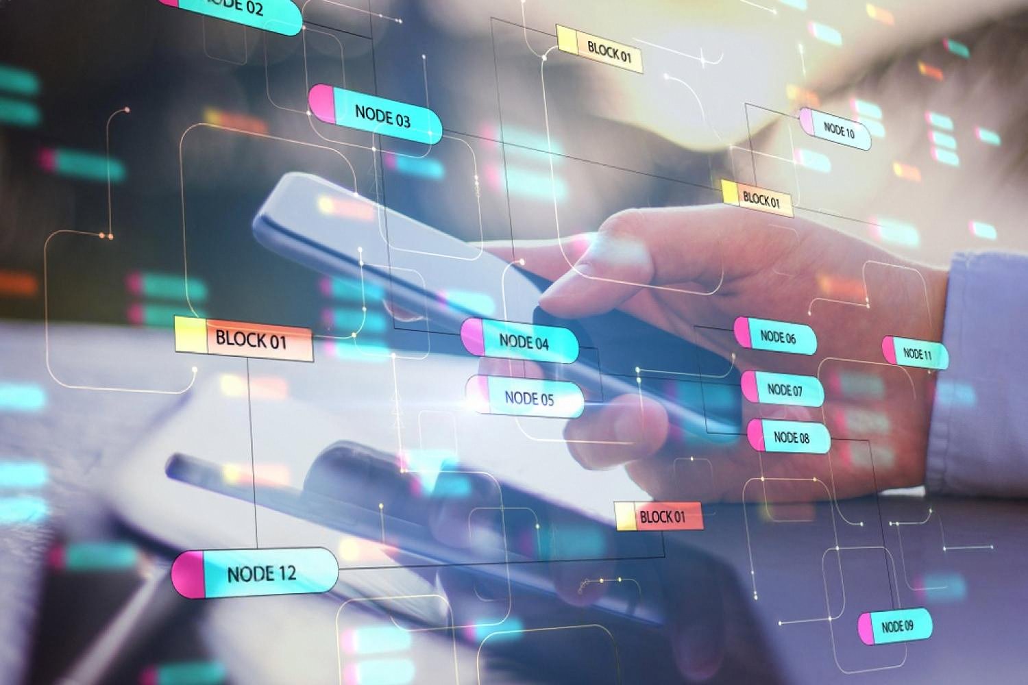 Hand holding a smartphone with a digital network of nodes and blocks representing a company website structure
