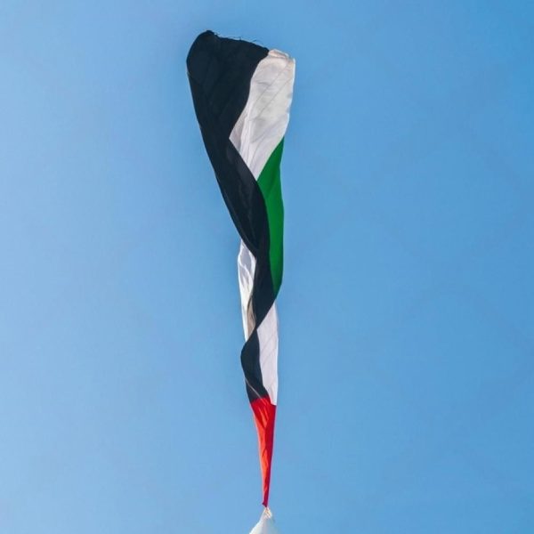 UAE national flag flying above a white monument against a clear blue sky